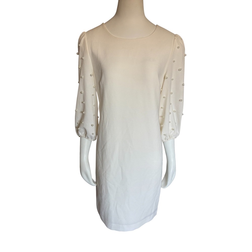 Karl Lagerfeld Paris‎ Pearl Embellished Puff Sleeve Sheath Dress White Size 10